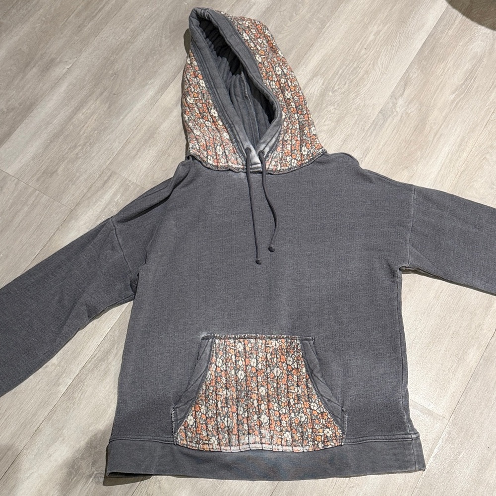 Lucky Brand Quilted Patchwork Gray Hoodie with Floral Accents
